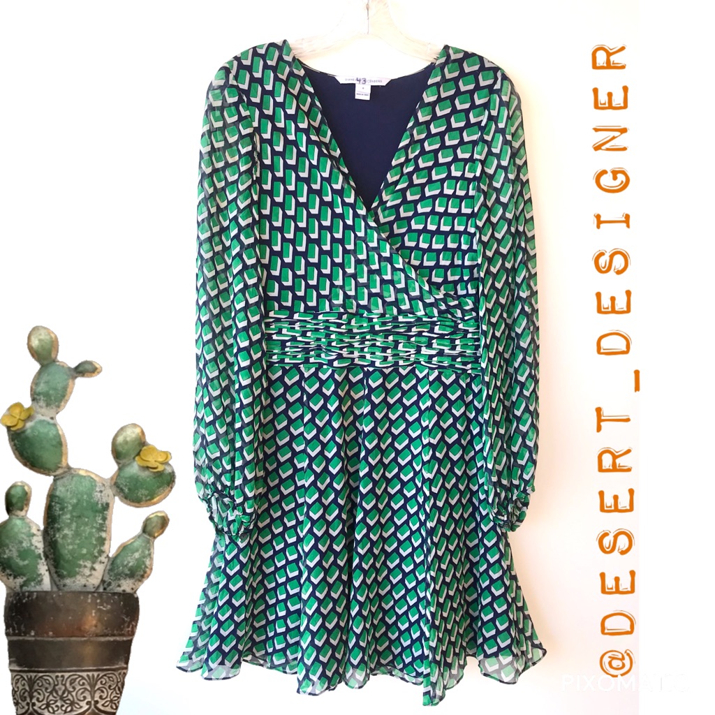 Diane Von Furstenburg Green Navy Chiffon Dress 6